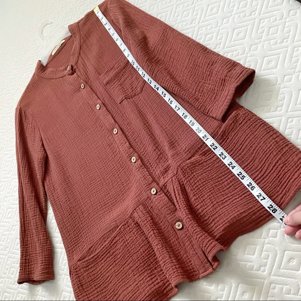 Polagram gauze cotton boho button down long sleeve tunic, sienna brown - Picture 7 of 9